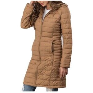 Womens Love Tree  Fitted Puffer Coat Sz Small Jacket Brown Long W/Bag Hood (F14)